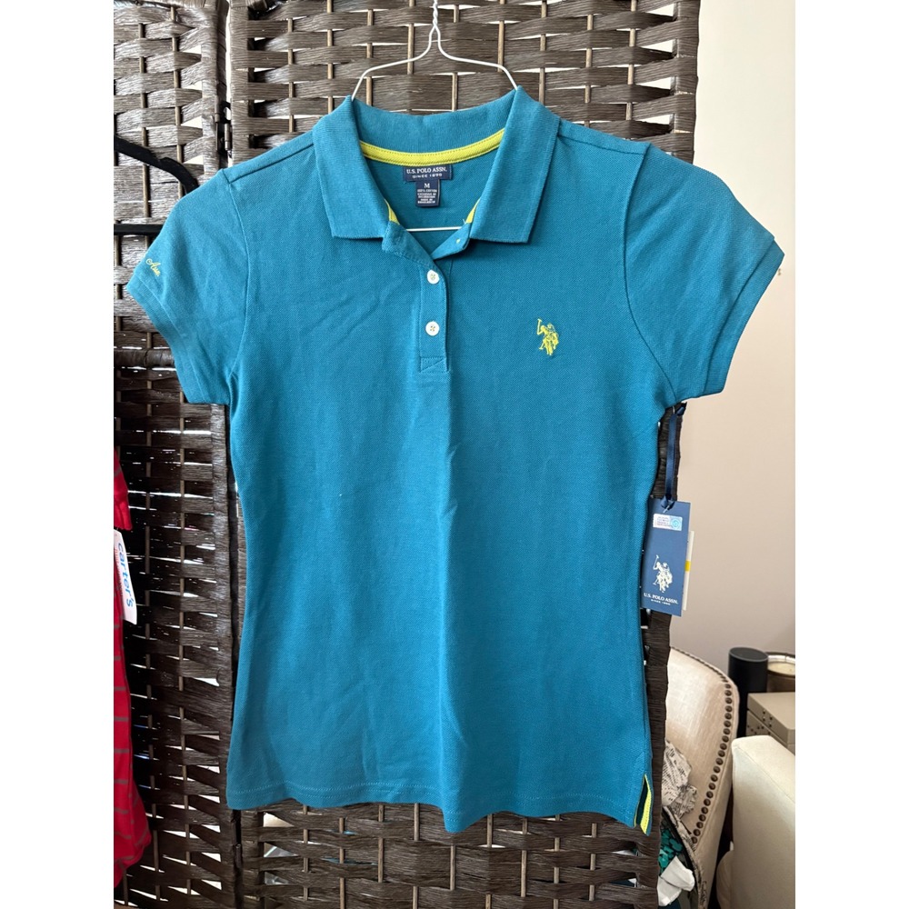 US Polo Assn Womens Teal Blue Cotton Pique Polo Shirt Lime Green Logo M NEW